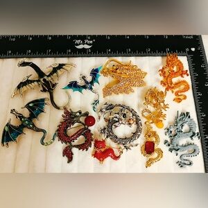 Lot of 11 Dragon Brooches Pins Variety Rhinestone Enamel Metal Gold Silver Tone